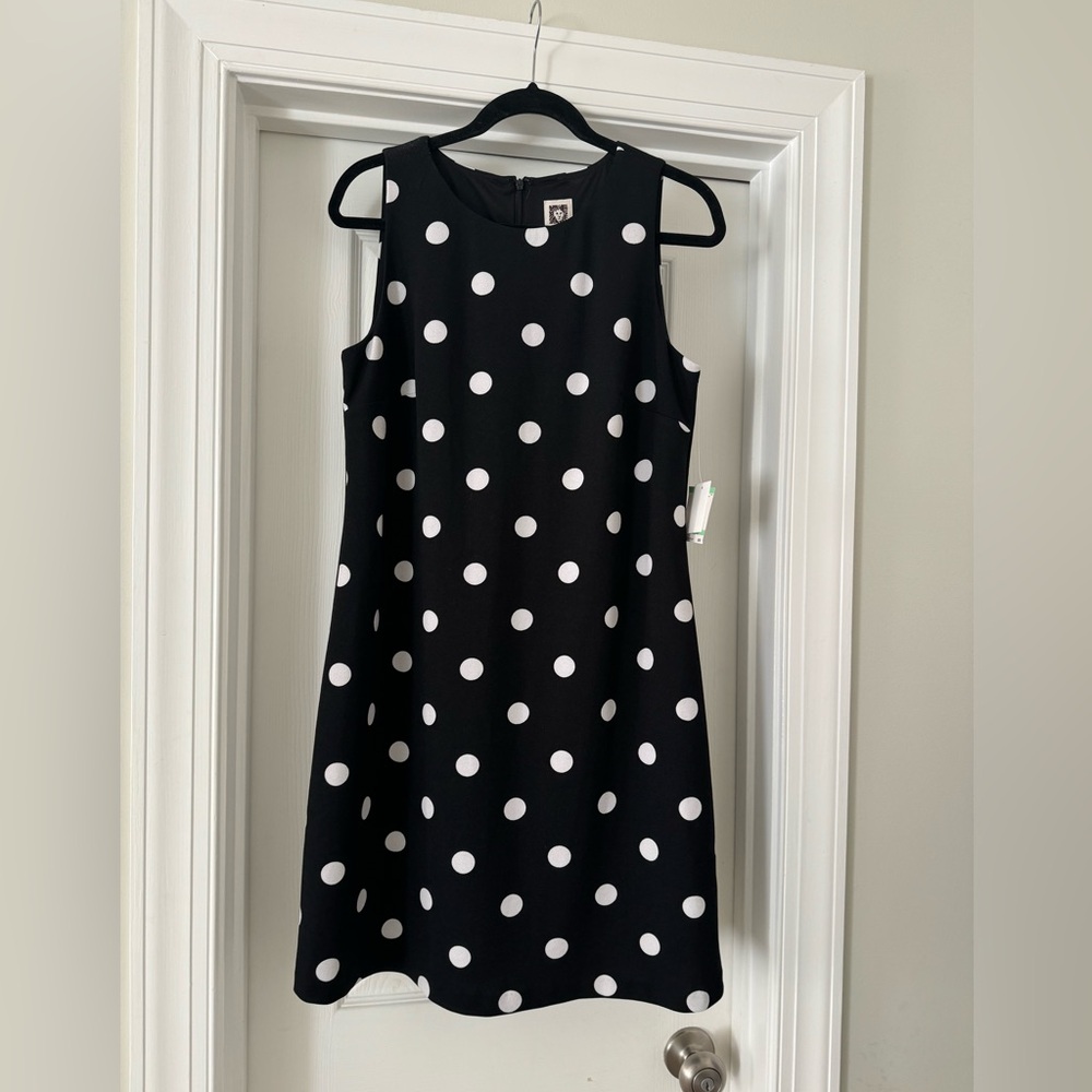 Ann Klein black/ ivory  polka dots Aline sleeves midi dress